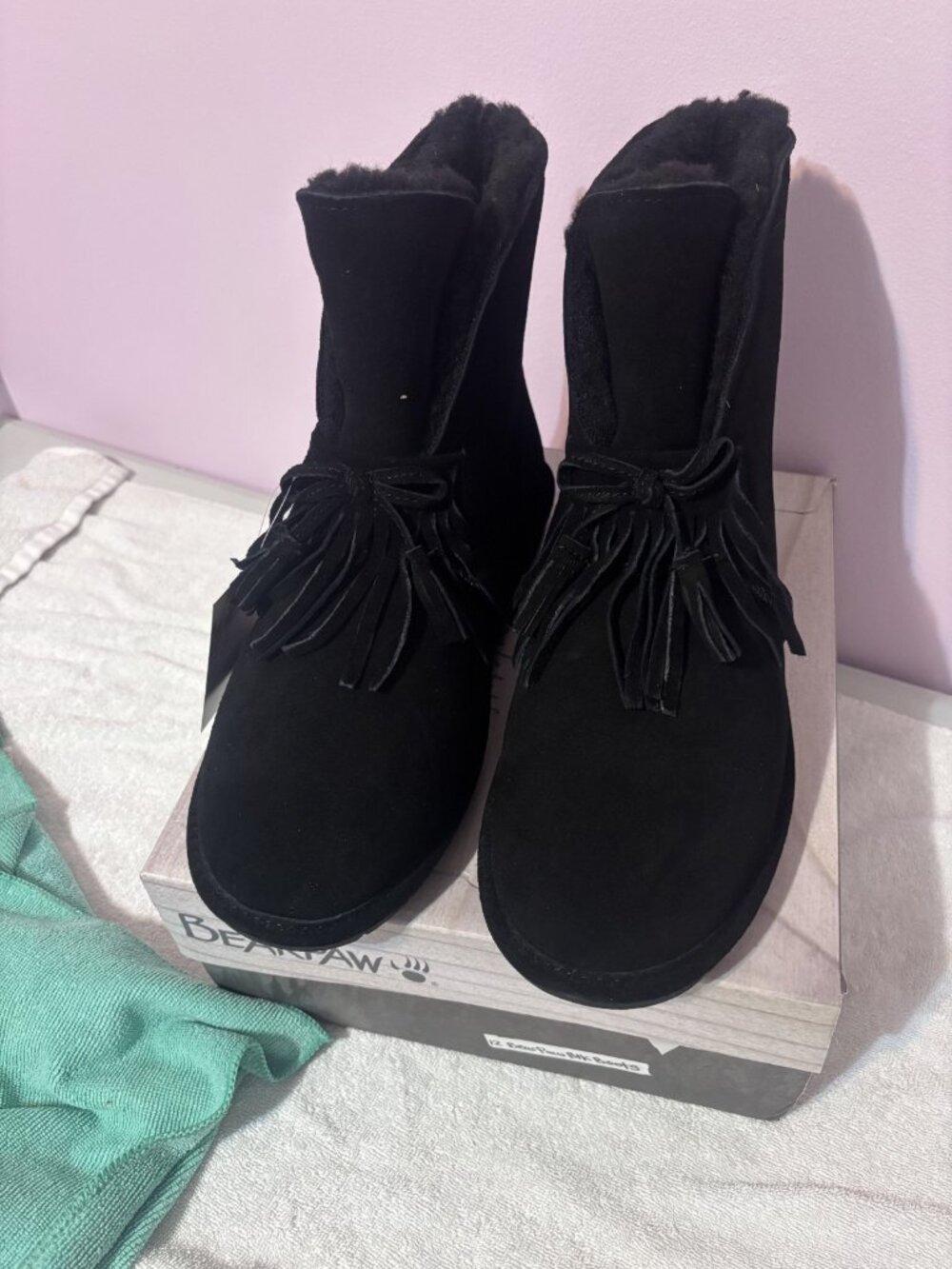 BEARPAW Christie Black Suede Sheepskin Fringe Boots NeverWet Waterproof Size 12